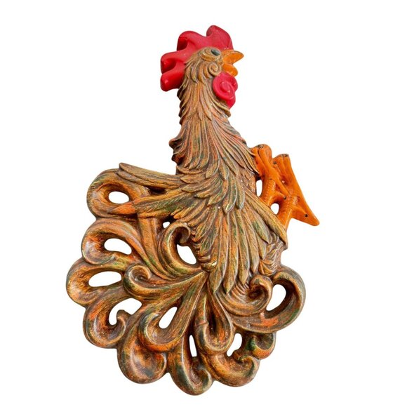 Mid Century Chalkware Rooster Shaped Wall Decor With Intricate Carvings And Vivi - Picture 1 of 5